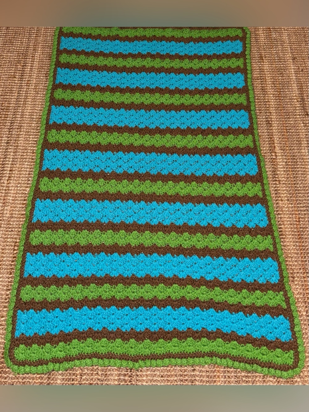 Handcrafted Blue, Green & Brown Crochet Boys Crib/Bed Throw Blanket
